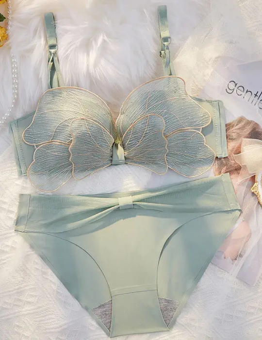 Cute Butterfly Wing Embroidered Bra and Panty Set – Wire-Free Half Cup Lingerie for Women