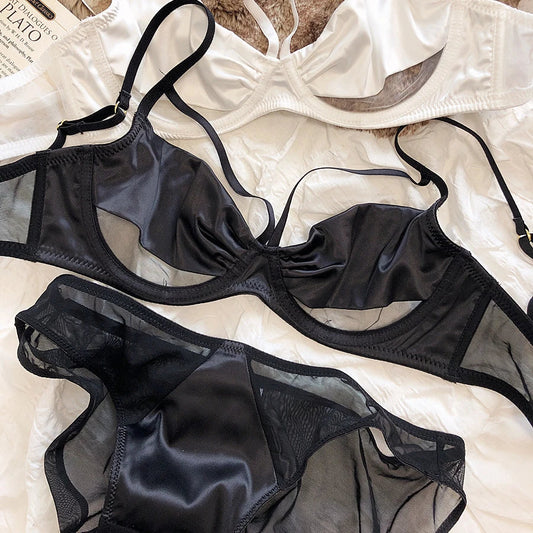 Women French Hollow Push Up Bra Set Silk Comfort