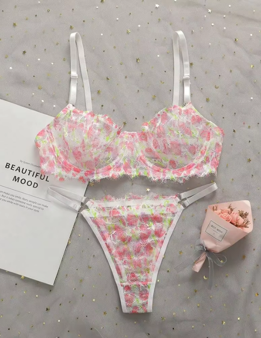 Pink Transparent Lingerie Set – Non-Padded Wired Bra and Panty Set for Women -YS-023