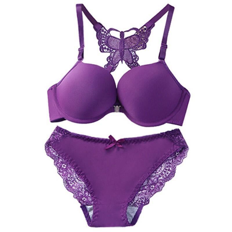 Front Open Butterfly Push-Up Bra Set - Black