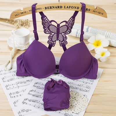 Front Open Butterfly Push-Up Bra Set - Black