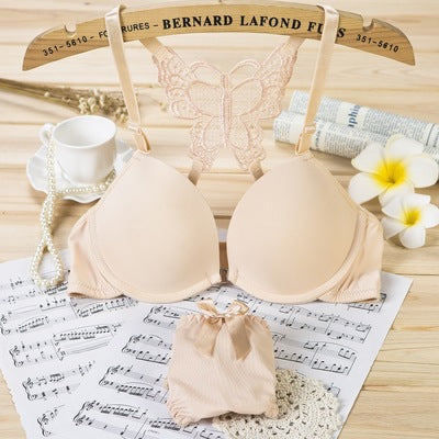 Front Open Butterfly Push-Up Bra Set - Black