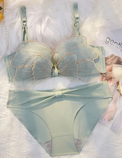 Cute Butterfly Wing Embroidered Bra and Panty Set – Wire-Free Half Cup Lingerie for Women