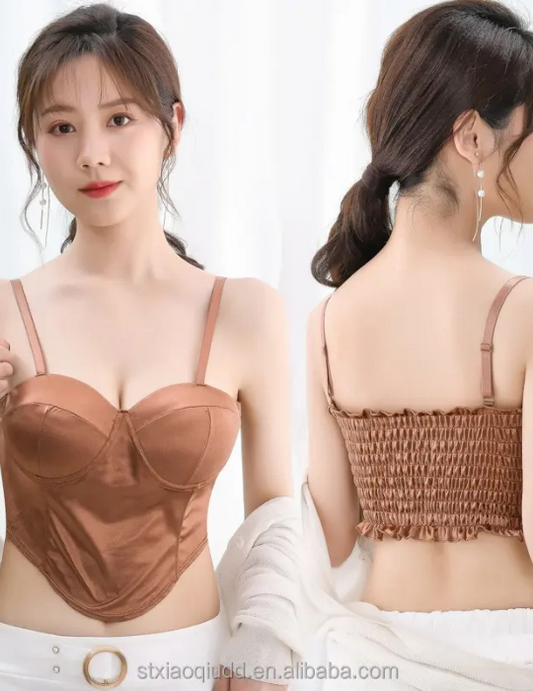 Comfortable Ice Silk Wrap Chest Camisole – Seamless Pleated Fixed Cup Tube Top for Women