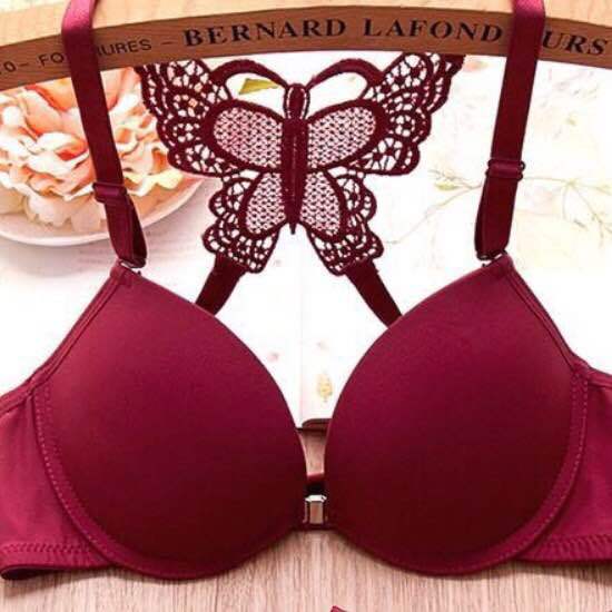 Front Open Butterfly Push-Up Bra Set - Black