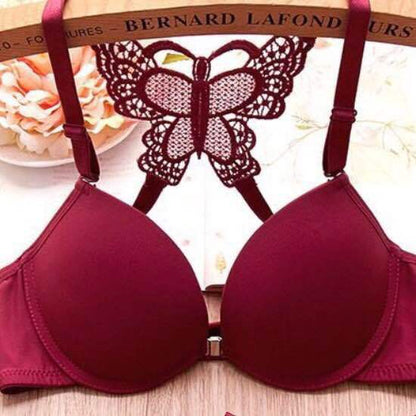 Front Open Butterfly Push-Up Bra Set - Black