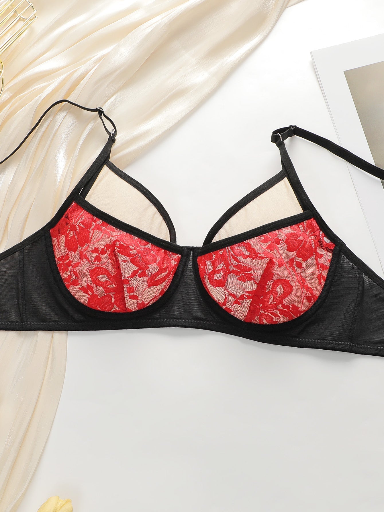 Lace Bra gathering big red festive hot sexy Push Up lingerie set