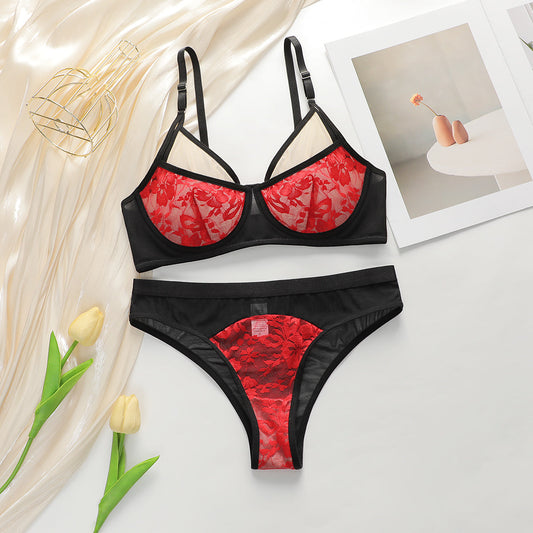 Lace Bra gathering big red festive hot sexy Push Up lingerie set
