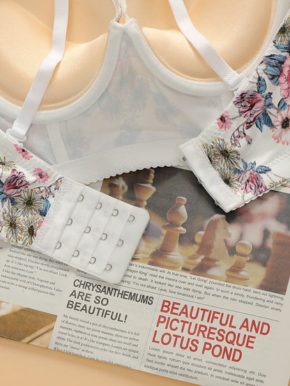 Floral Print Adjustable Straps Push-up Bra