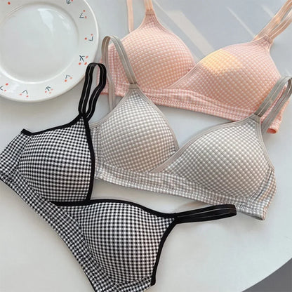 T-shirt Seamless Wireless Push Up Top Bra Breathable Plaid Cute Bralette